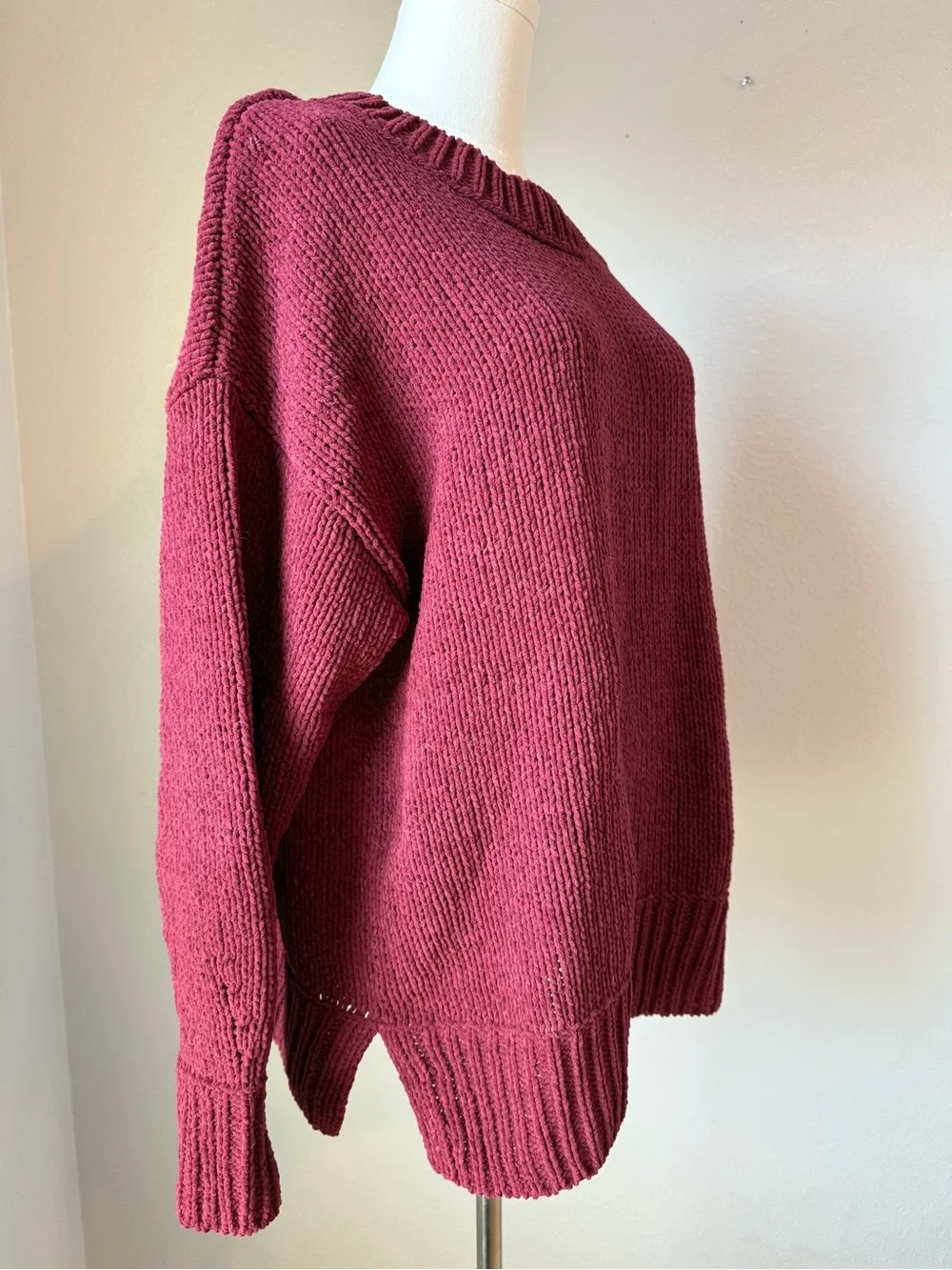 Aerie Chenille Crewneck Sweater Burgundy Oversized Cozy Size S